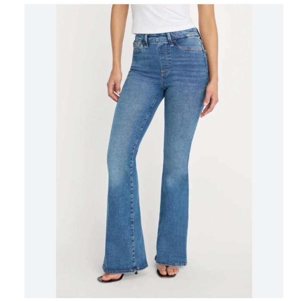 Good American Flare Jeans Size‎ 2 Blue Pull On High Rise Stretch Denim Boho